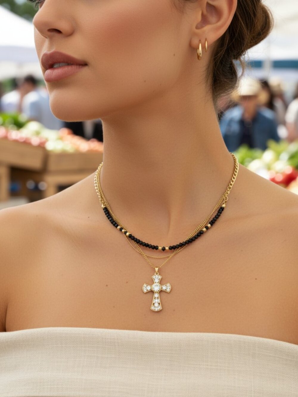 NEW Gold Tone Layered Cross Necklace with Black Beads | WN59